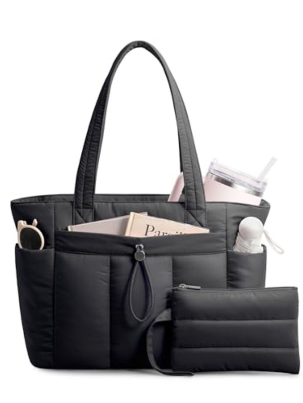Padded Travel Tote Bag with Laptop Sleeve, Cup Holder, Luggage Strap